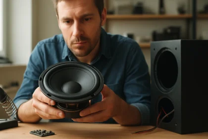 Muž skúma reproduktor a jeho súčiastky na stole.