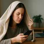 Žena chránená pred elektromagnetickým žiarením, používa mobilný telefón.