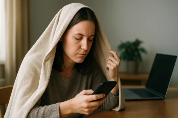 Žena chránená pred elektromagnetickým žiarením, používa mobilný telefón.