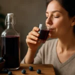 Žena pije trnkový sirup, zdroj antioxidantov a vitamínov