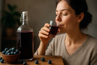 Žena pije trnkový sirup, zdroj antioxidantov a vitamínov