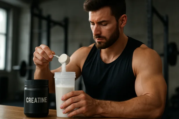 Muž dávkuje kreatín do šejkra pred tréningom.