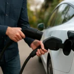 Muž nabíja elektrické auto pomocou nabíjacej pištole.