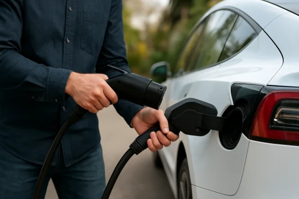 Muž nabíja elektrické auto pomocou nabíjacej pištole.