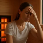 Žena v infrasaune s bolesťou hlavy a nepríjemným pocitom
