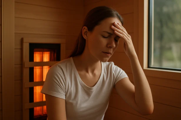 Žena v infrasaune s bolesťou hlavy a nepríjemným pocitom