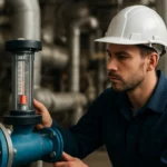 Inžinier kontroluje rotameter v priemyselnom prostredí.