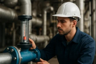 Inžinier kontroluje rotameter v priemyselnom prostredí.