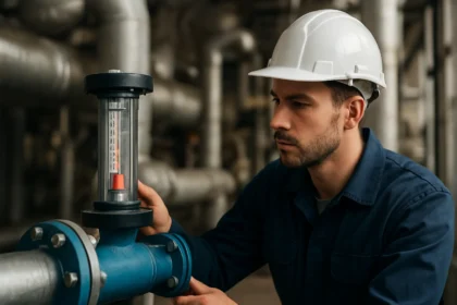 Inžinier kontroluje rotameter v priemyselnom prostredí.