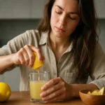 Žena lisuje citrón do pohára s citrónovou vodou na stôl