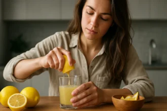 Žena lisuje citrón do pohára s citrónovou vodou na stôl