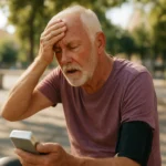 Starší muž meria krvný tlak počas horúčavy, vyjadruje obavy.