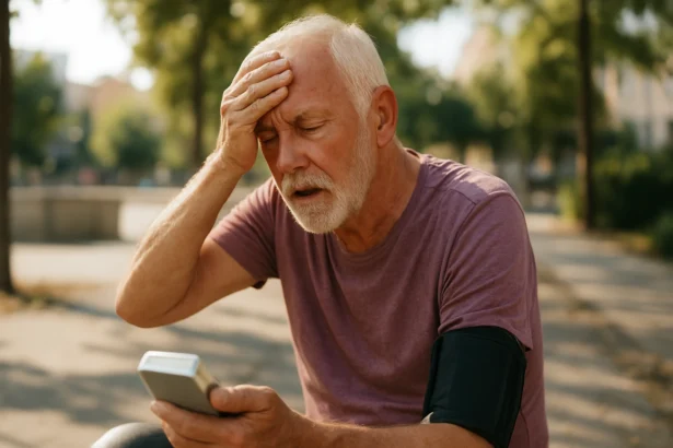 Starší muž meria krvný tlak počas horúčavy, vyjadruje obavy.