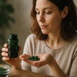 Žena skúma alga kapsuly a ekologický prášok pre zdravie.