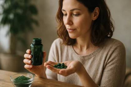 Žena skúma alga kapsuly a ekologický prášok pre zdravie.