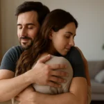 Pár sa objíma v teplom a útulnom prostredí, vyžaruje emocionálnu podporu.