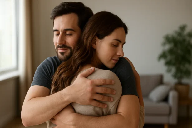 Pár sa objíma v teplom a útulnom prostredí, vyžaruje emocionálnu podporu.