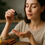 Žena s škoricovým olejom, pripravuje sa na aromaterapiu.