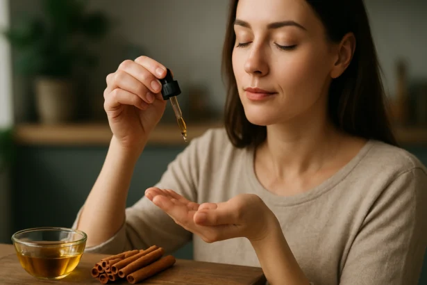 Žena s škoricovým olejom, pripravuje sa na aromaterapiu.