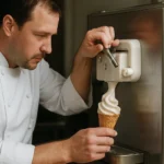 Kuchár podáva zmrzlinu z profesionálneho zmrzlinového stroja.