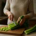 Žena krája zeler na doske v kuchyni.