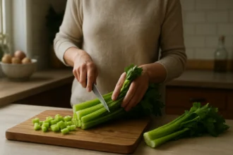 Žena krája zeler na doske v kuchyni.