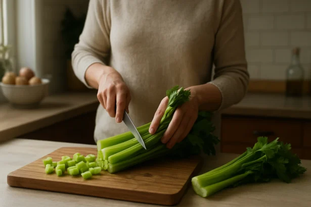 Žena krája zeler na doske v kuchyni.