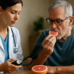 Starší muž ochutnáva grapefruit počas lekárskej prehliadky.