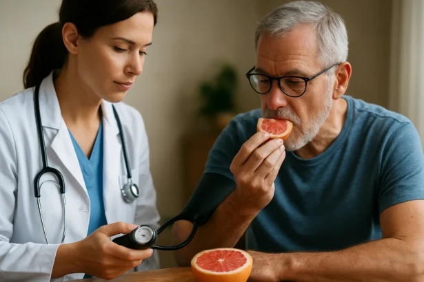 Starší muž ochutnáva grapefruit počas lekárskej prehliadky.
