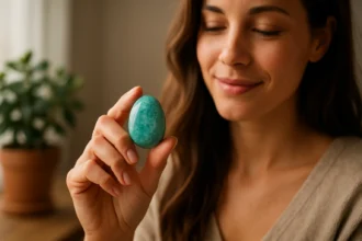 Žena drži amazonit, liečivý kameň, ktorý prináša vnútorný pokoj.