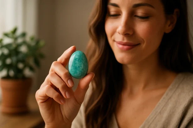 Žena drži amazonit, liečivý kameň, ktorý prináša vnútorný pokoj.