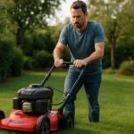 Muž ječenie kosačky na trávniku pre dokonalý vzhľad.