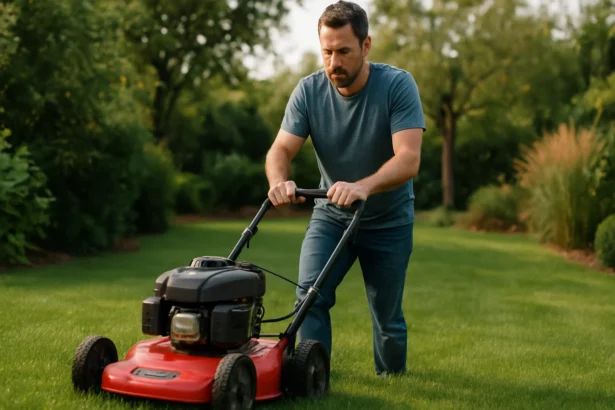 Muž ječenie kosačky na trávniku pre dokonalý vzhľad.