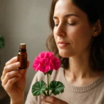 Žena drží fľaštičku pelargónového oleja a kvet pelargónie