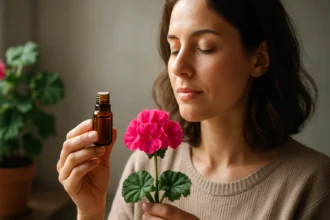 Žena drží fľaštičku pelargónového oleja a kvet pelargónie
