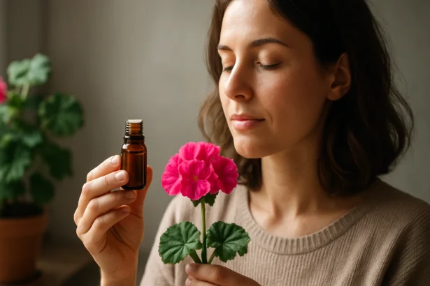 Žena drží fľaštičku pelargónového oleja a kvet pelargónie