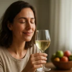 Žena si vychutnáva pohár bieleho vína v relaxačnej atmosfére.