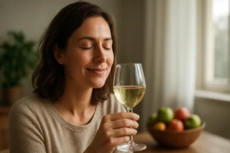 Žena si vychutnáva pohár bieleho vína v relaxačnej atmosfére.