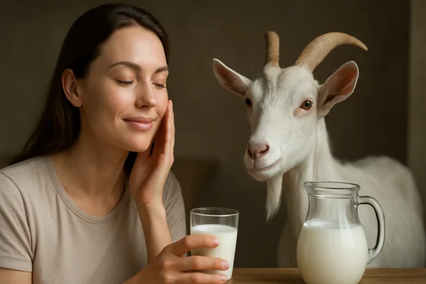 Žena s kozie mlieko a kozou, objavujúca tajomstvá krásy