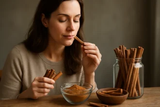 Žena ochutnáva škoricu a skúma jej zázračné účinky na zdravie.