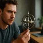 Muž skúma giroskop, technológiu ovplyvňujúcu moderné zariadenia.
