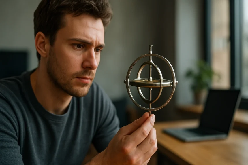 Muž skúma giroskop, technológiu ovplyvňujúcu moderné zariadenia.