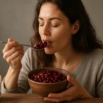 Žena si vychutnáva červenú fazuľu z misky so zdravou stravou.