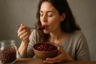 Žena si vychutnáva červenú fazuľu z misky so zdravou stravou.