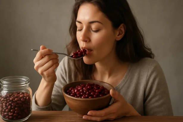 Žena si vychutnáva červenú fazuľu z misky so zdravou stravou.