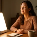 Žena relaxuje pri slnečnej lampe, zlepšuje svoju pohodu a náladu