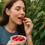 Mladá žena si vychutnáva šťavnaté maliny zo svojho taniera v záhrade.