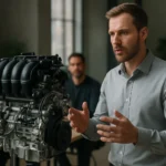 Predná prezentácia MPI motora s odborníkom a poslucháčmi v pozadí.