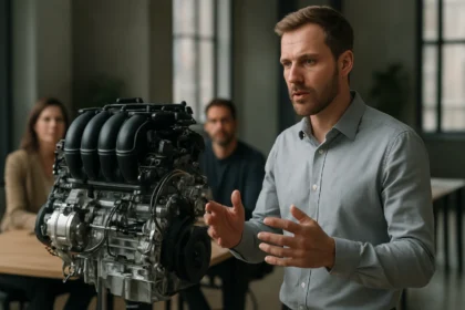 Predná prezentácia MPI motora s odborníkom a poslucháčmi v pozadí.