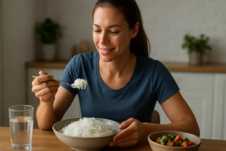 Žena vychutnáva basmati ryžu s chia semienkami a zeleninovým šalátom